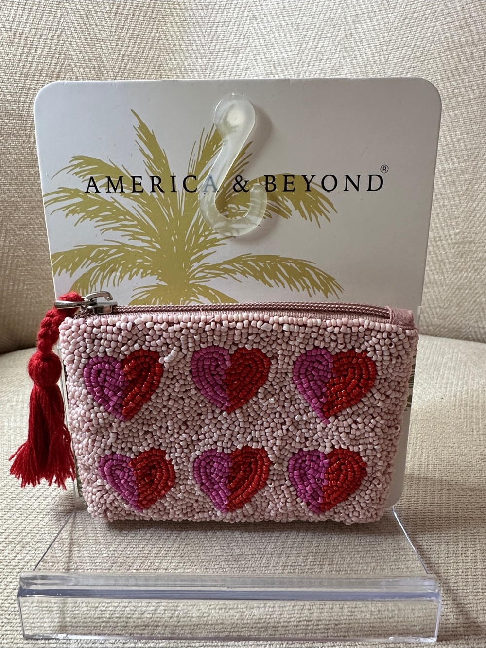 Pink Beaded Heart Zip Pouch